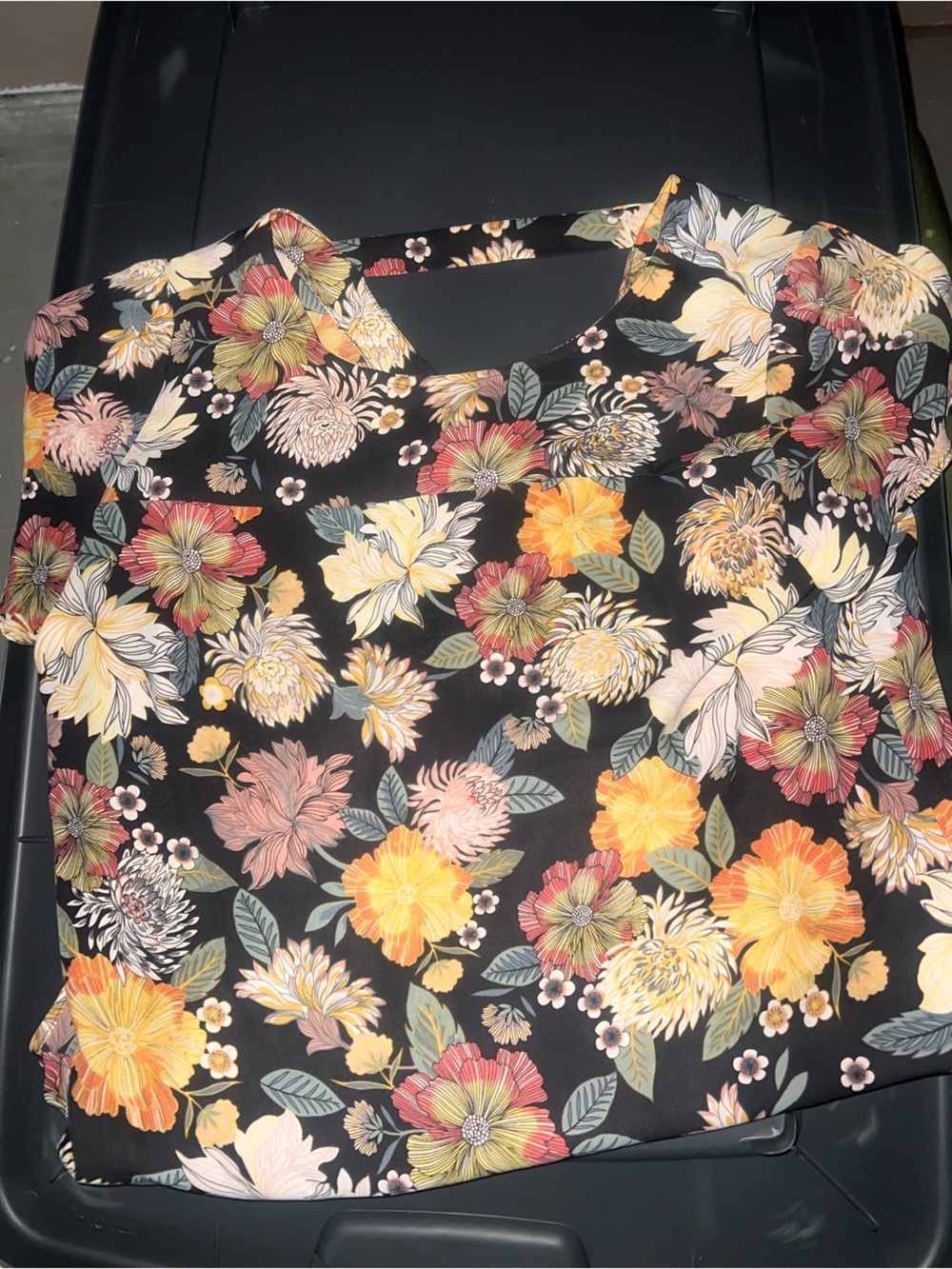 LOFT Black Floral Top with Yellow, Pink & Orange Blooms
